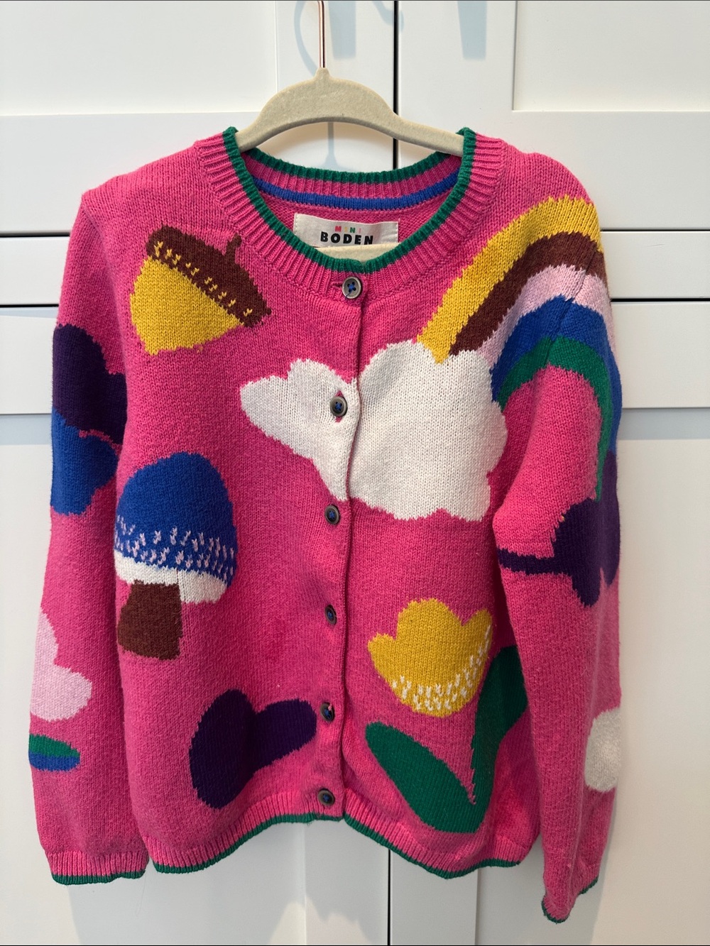 Sweet Mini Boden Pink Cardigan with Rainbow, Cloud & Mushroom Motifs